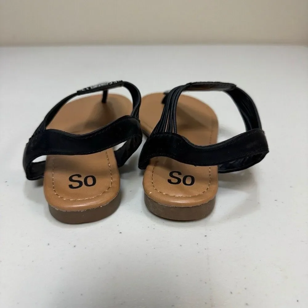 Embellished Black Sandals Women Medium 7.5 - 8.5 Thong Shoes Gladiator Flip Flop